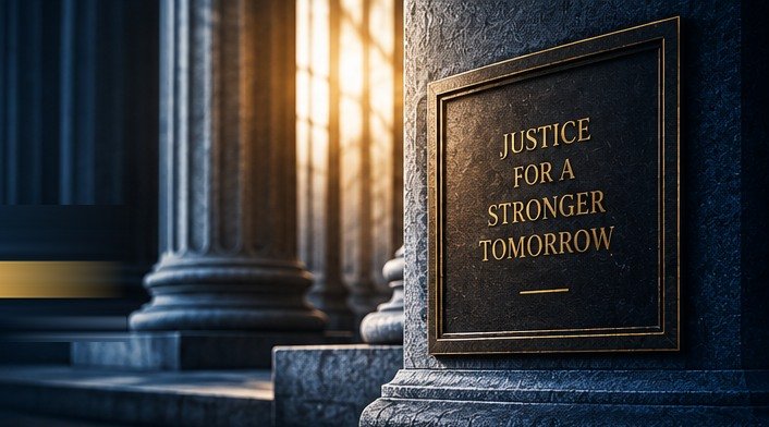 Courthouse columns beside a plaque reading Justice for a Stronger Tomorrow