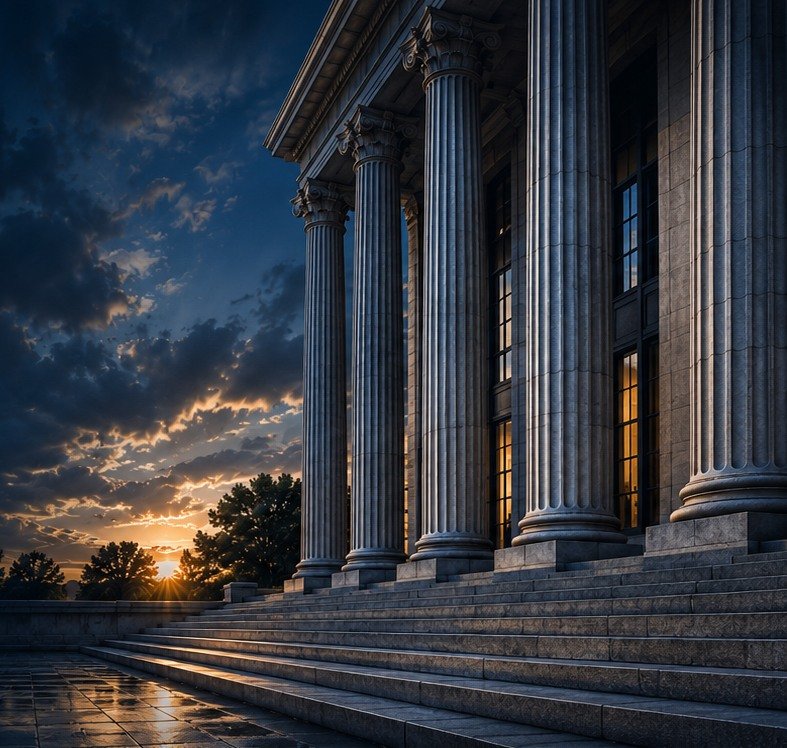 Courthouse columns and steps at dusk