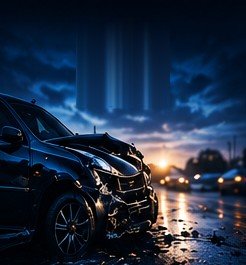 A damaged car on a wet road at dusk after a collision