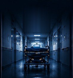 A hospital corridor with a gurney