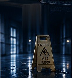 A wet floor warning sign in a dim building lobby