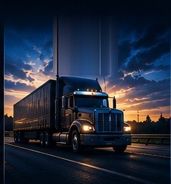 A tractor-trailer on a highway at sunset