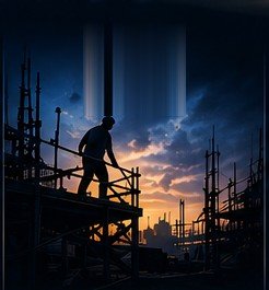 A construction worker on scaffolding at dusk