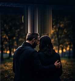 A couple holding one another among autumn trees
