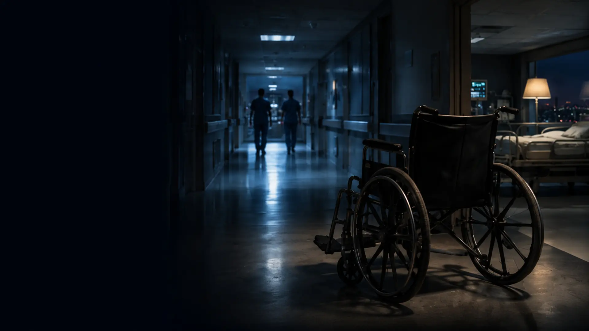Empty wheelchair in a dim hospital corridor