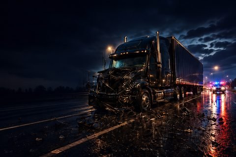 Wrecked semi truck on a rainy highway at night