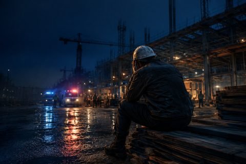 Injured construction worker sitting at a building site at night