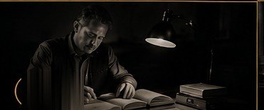 Studying by lamplight at night