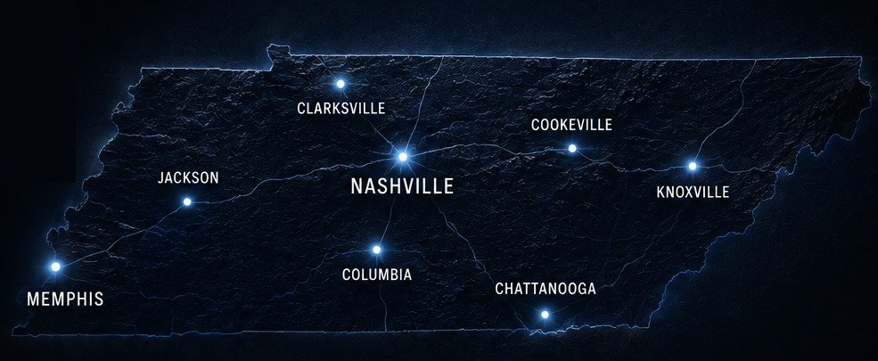 Map of Tennessee. Tim Bowden's home office is in Goodlettsville, just north of Nashville, with the cities he serves marked across the state.